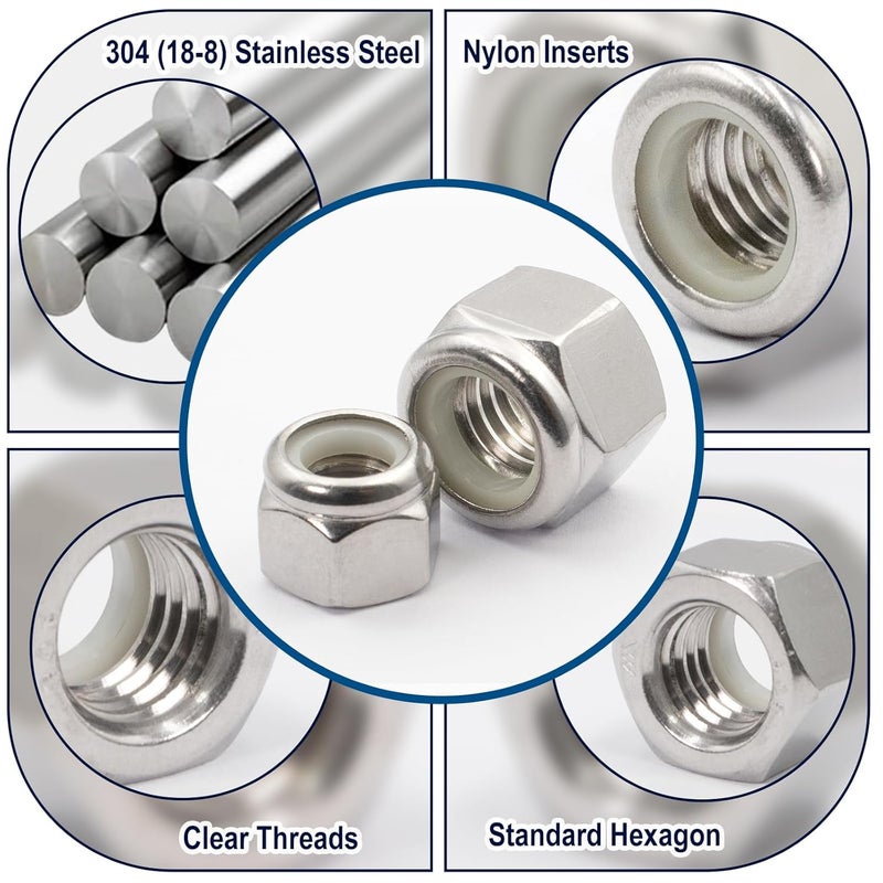 ZQZ 113 Pack Lock Nuts Assortment Kit, 6#32 8#32 10#24 10#32 5/16-18 3/8-16 1/2-13 1/4-20 SAE Nylon Insert Hex Locknuts Sets, 304 Stainless Steel Standard Inch Threaded Nylock Nuts - Image 3
